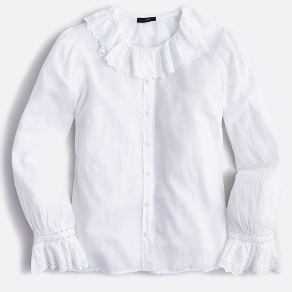 JCREW White Cotton Embroidered Ruffle Collar Top with Eyelet Size 6 - Picture 1 of 9